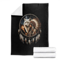 Vintage Native American Woman With White Wolf Graphic Throw Blanket