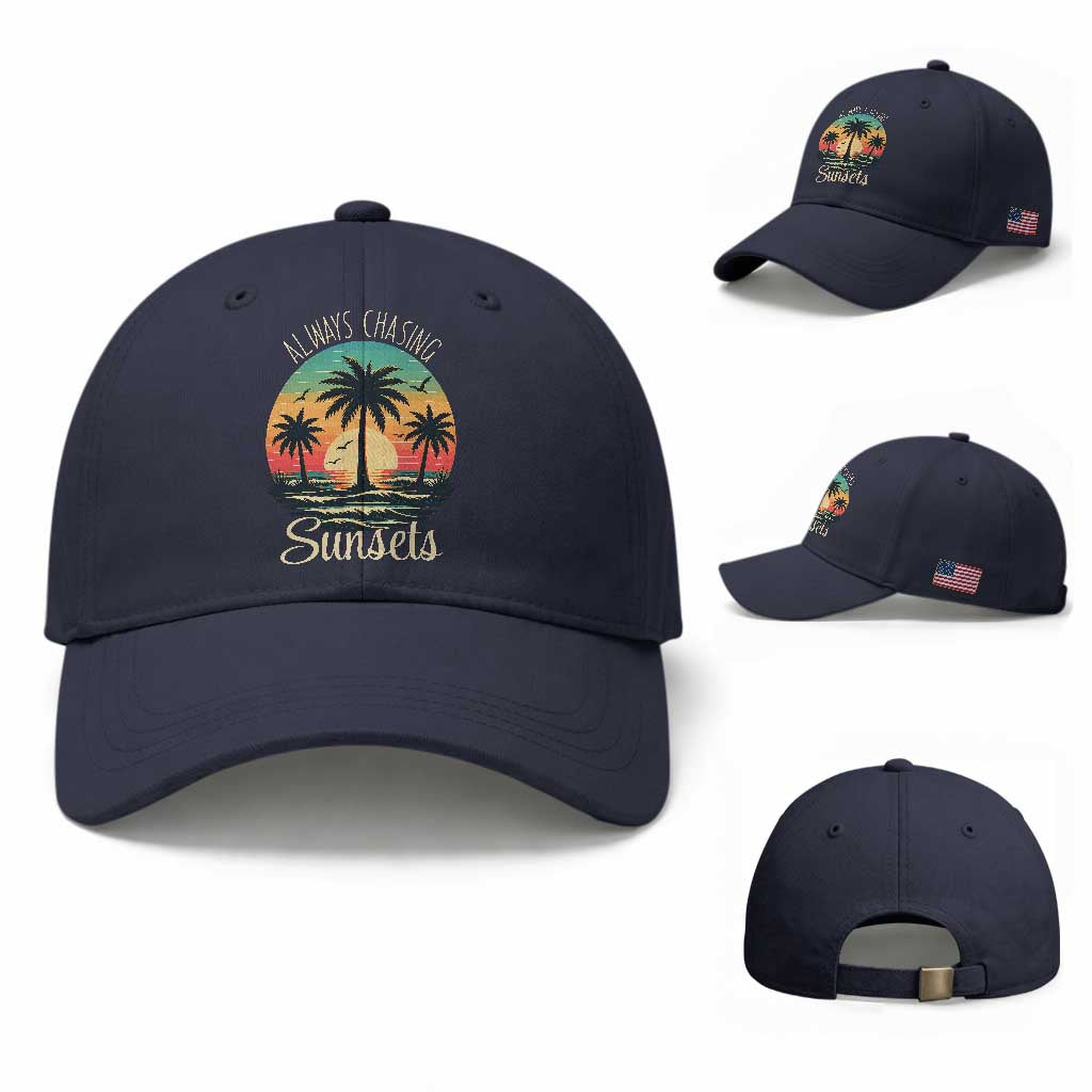 Vintage Always Chasing Sunsets Baseball Cap Hawaiian Tropical Beach Graphic