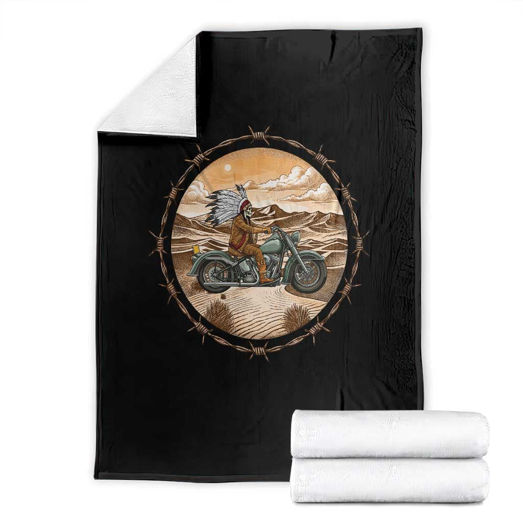 Native American Biker Gift Throw Blanket Skull Motorcycle Rider