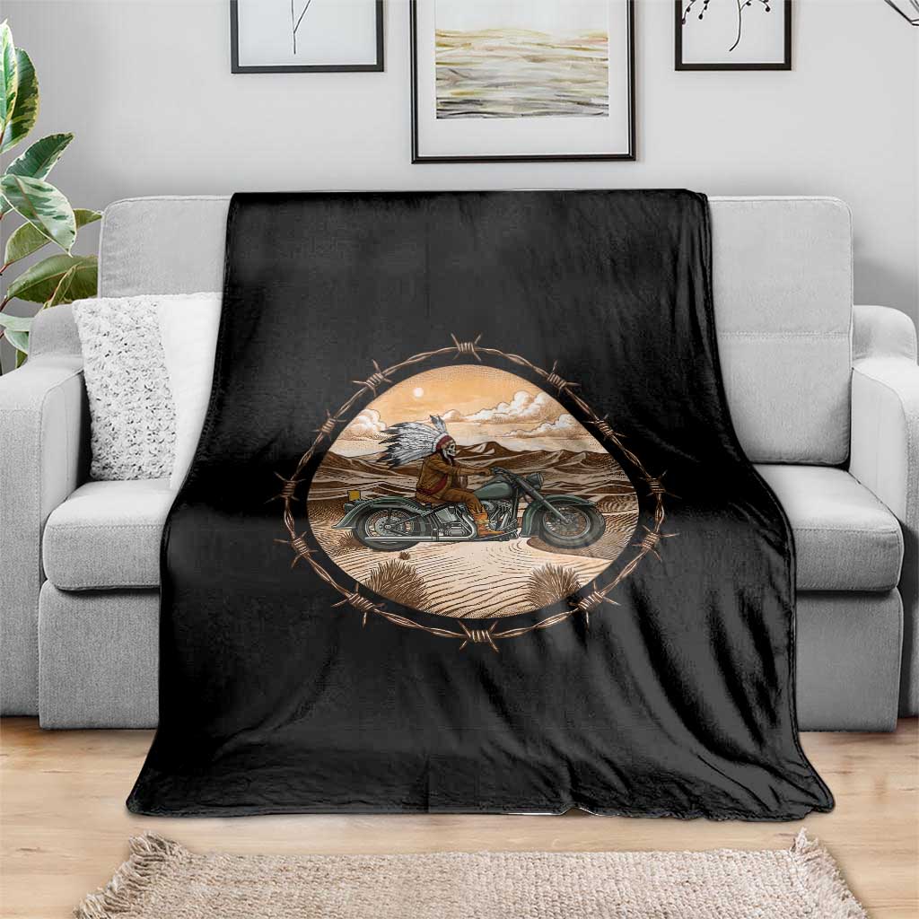 Native American Biker Gift Throw Blanket Skull Motorcycle Rider