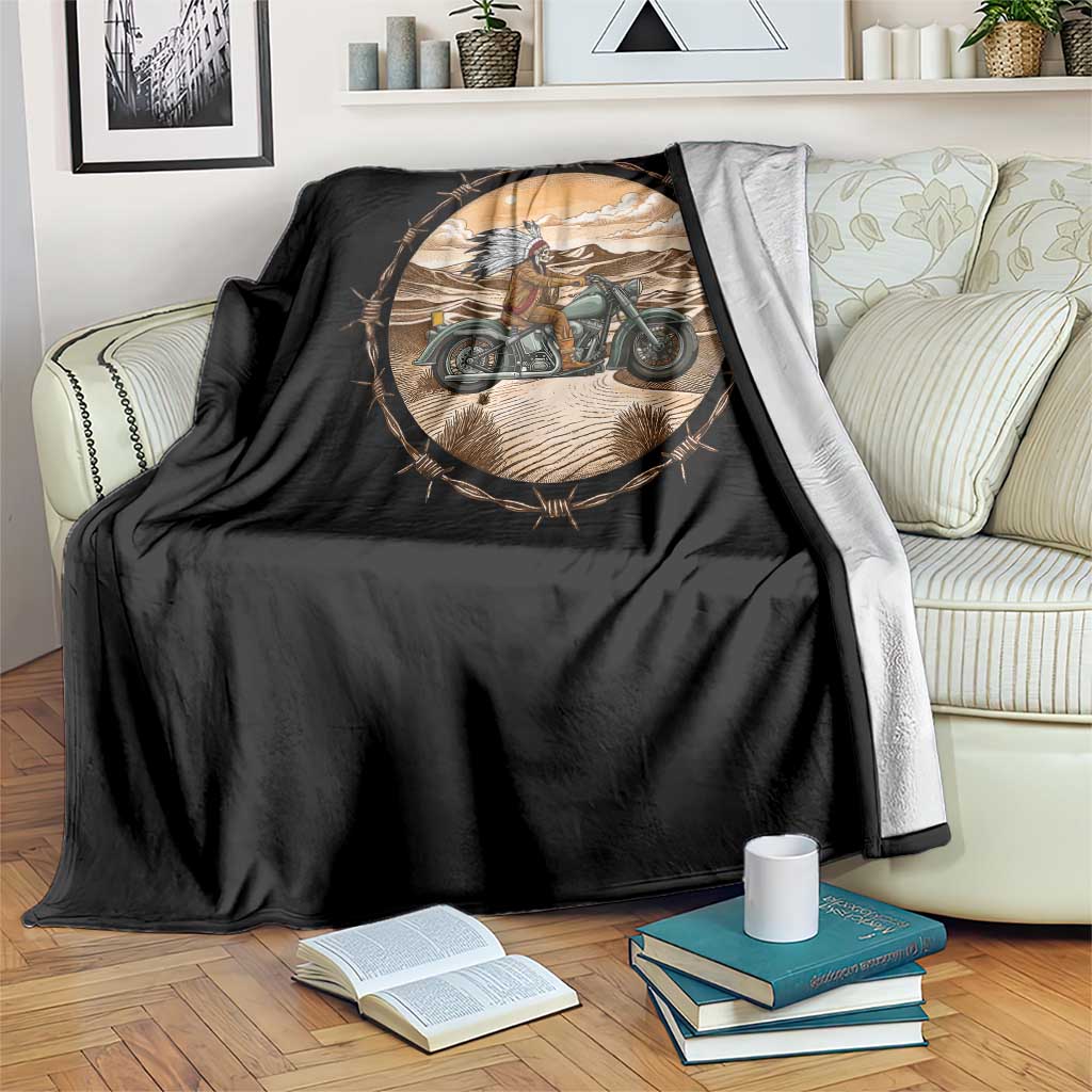 Native American Biker Gift Throw Blanket Skull Motorcycle Rider