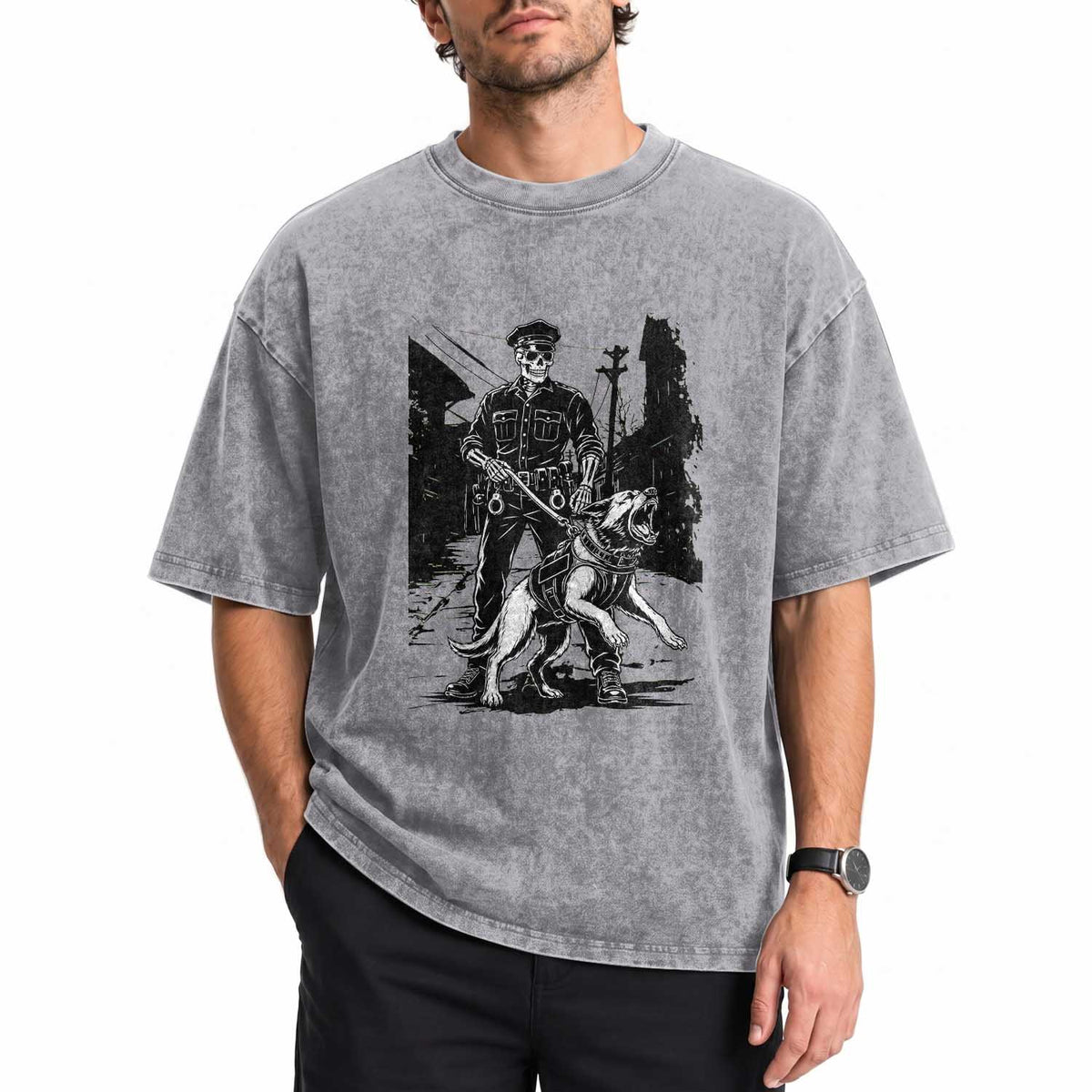 Skeleton Cop K9 German Shepherd Dog Washed Cotton T-Shirt Dark Alley Spooky Law Enforcement Gift