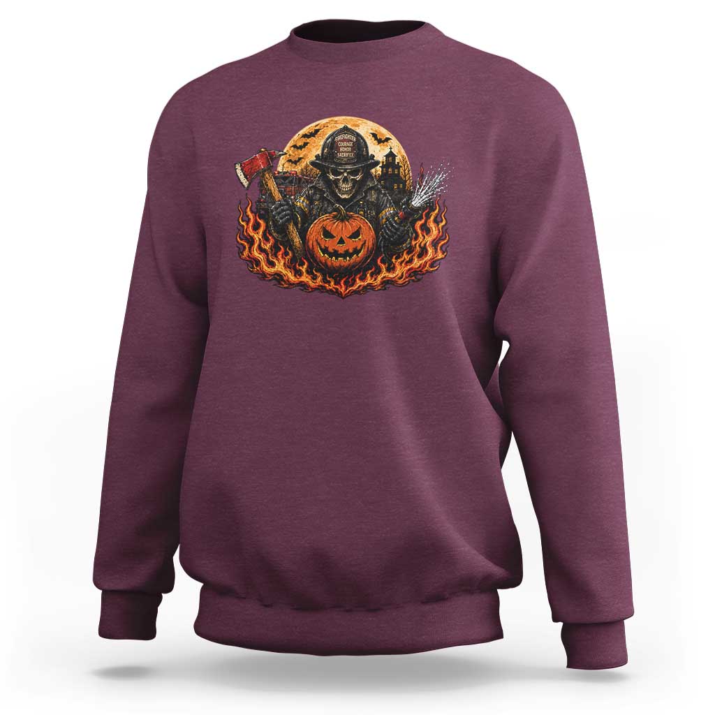Skeleton Firefighter Pumpkin Halloween Sweatshirt Courage Honor Sacrifice Spooky Gift