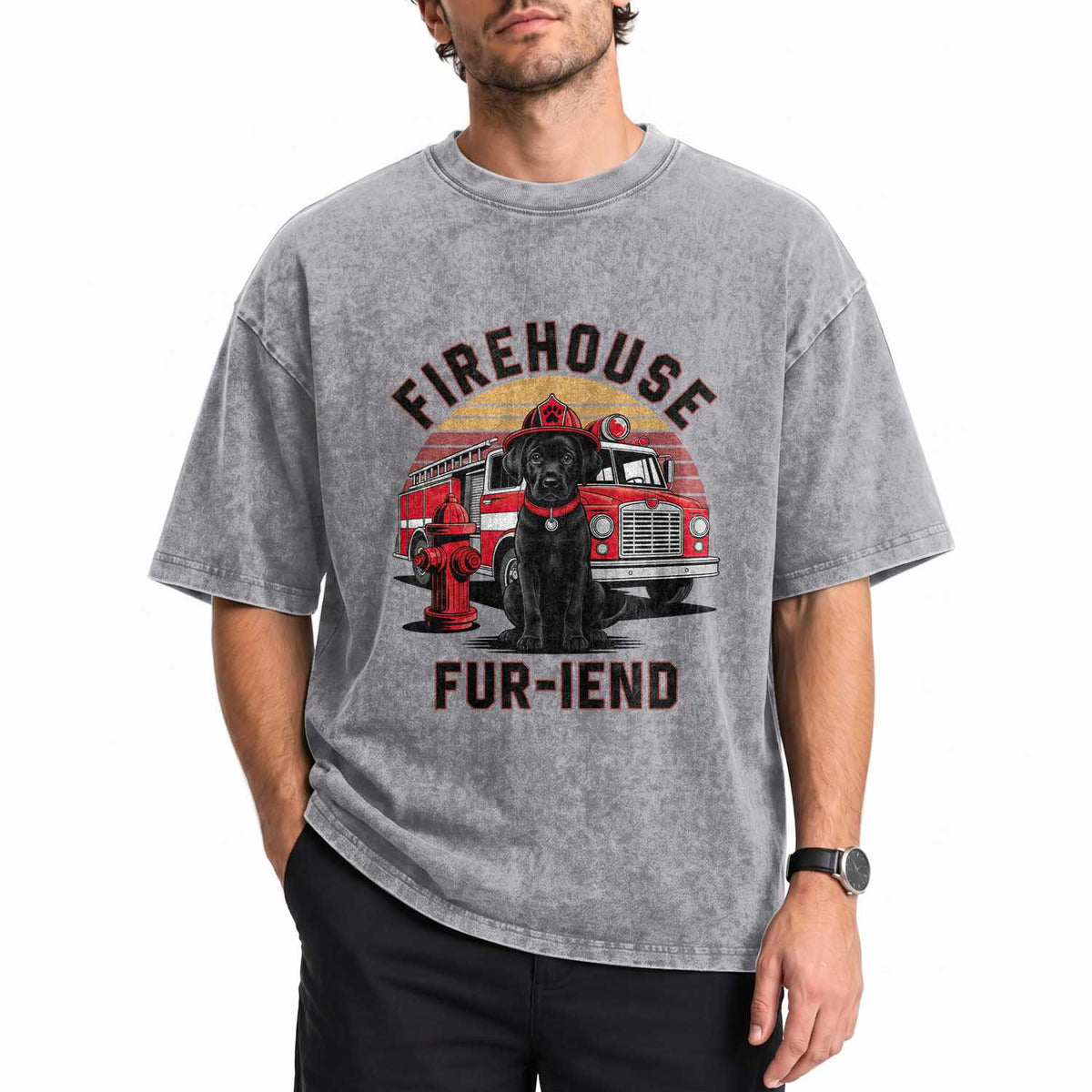 Firehouse Furiend Black Labrador Firefighter Washed Cotton T-Shirt Fire Engine Rescue Dog Lover Gift