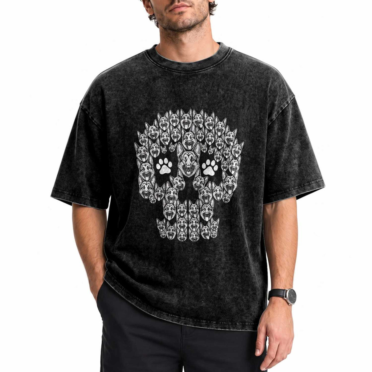 Funny German Shepherd Skull Halloween Washed Cotton T-Shirt Dog Lover Spooky Gift