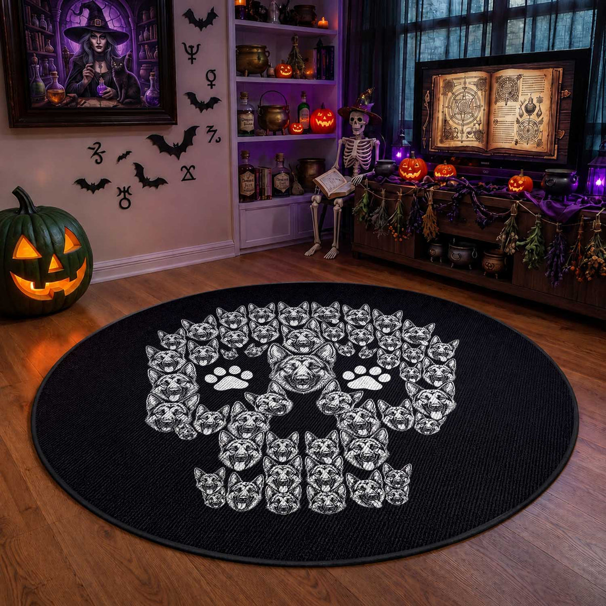 Funny German Shepherd Skull Halloween Round Rug Dog Lover Spooky Gift
