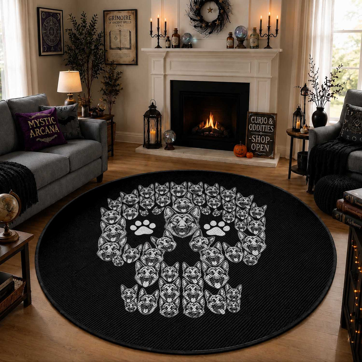 Funny German Shepherd Skull Halloween Round Rug Dog Lover Spooky Gift