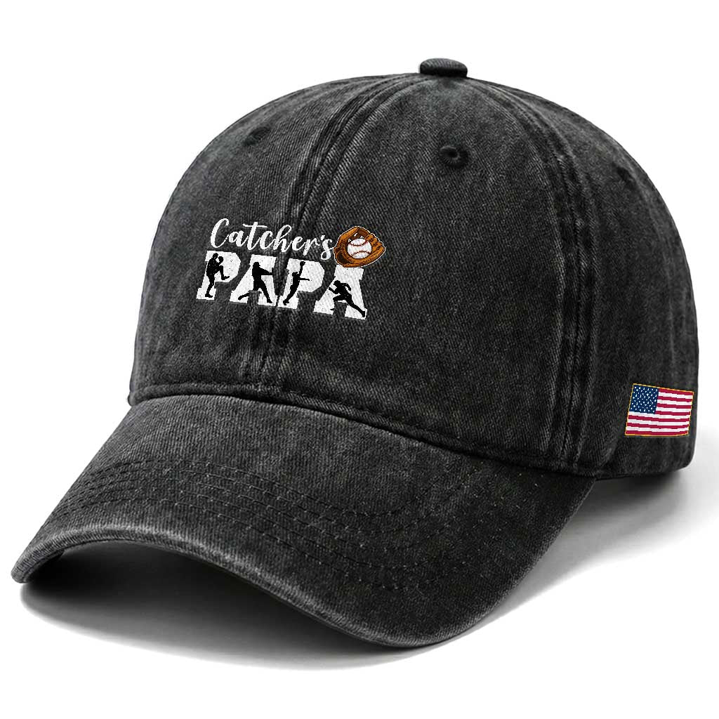 Catchers Papa Washed Cotton Baseball Cap Funny Gift For Catcher Player