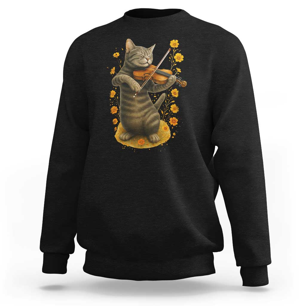Vintage Cat Playing Violin Sweatshirt Flowers Classical Music Cottagecore Music Lover Gift
