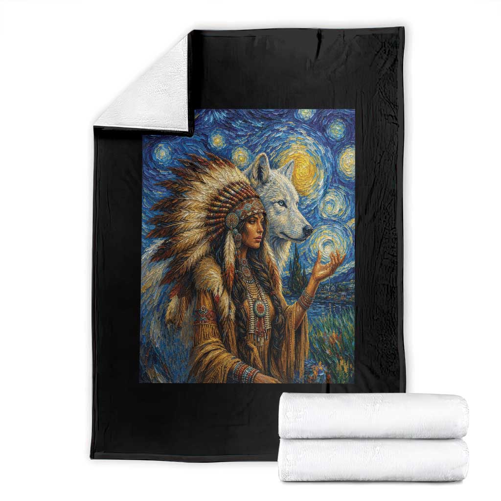 Native American Woman And White Wolf Throw Blanket Starry Night Inspired Art
