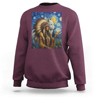 Native American Woman And White Wolf Sweatshirt Starry Night Inspired Art