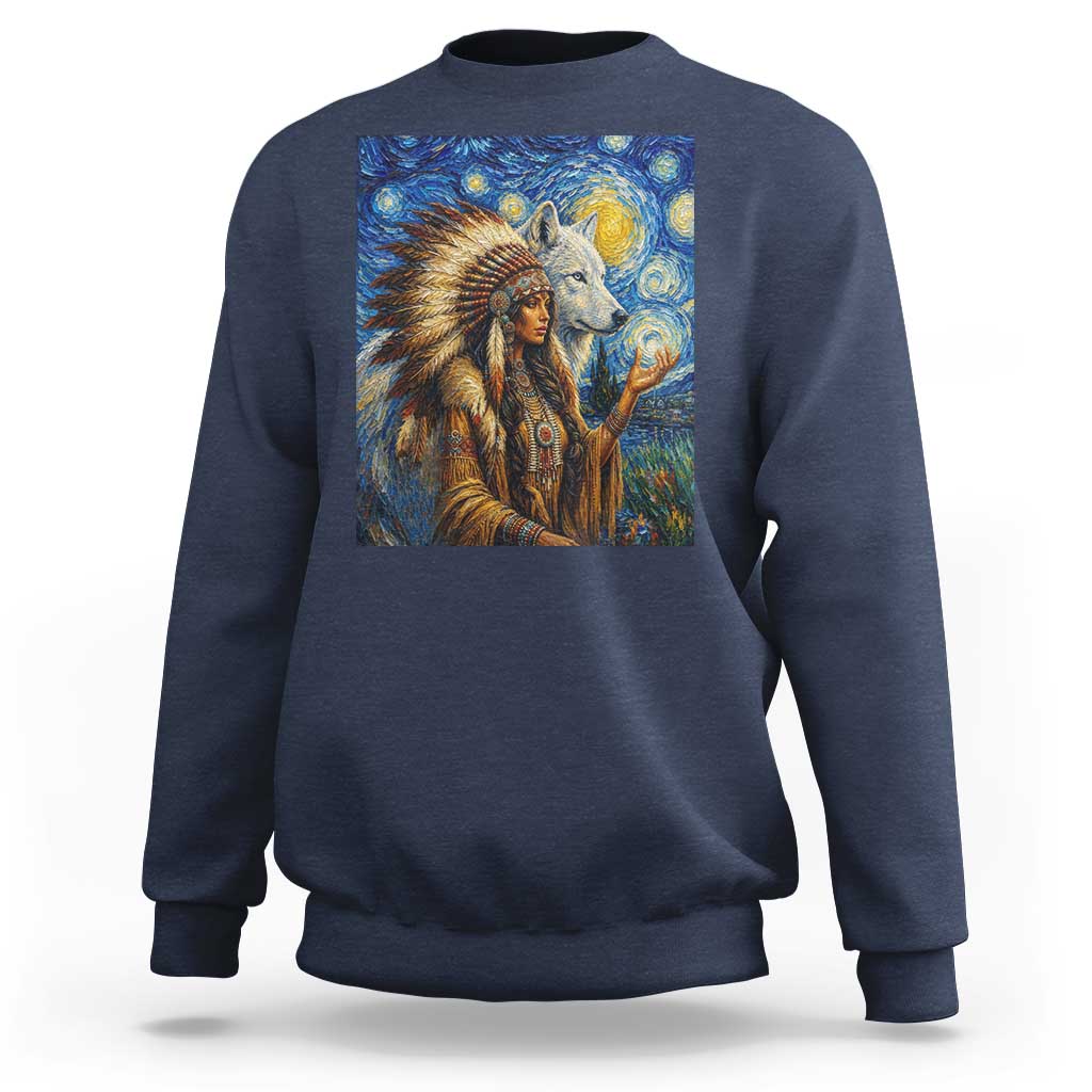 Native American Woman And White Wolf Sweatshirt Starry Night Inspired Art