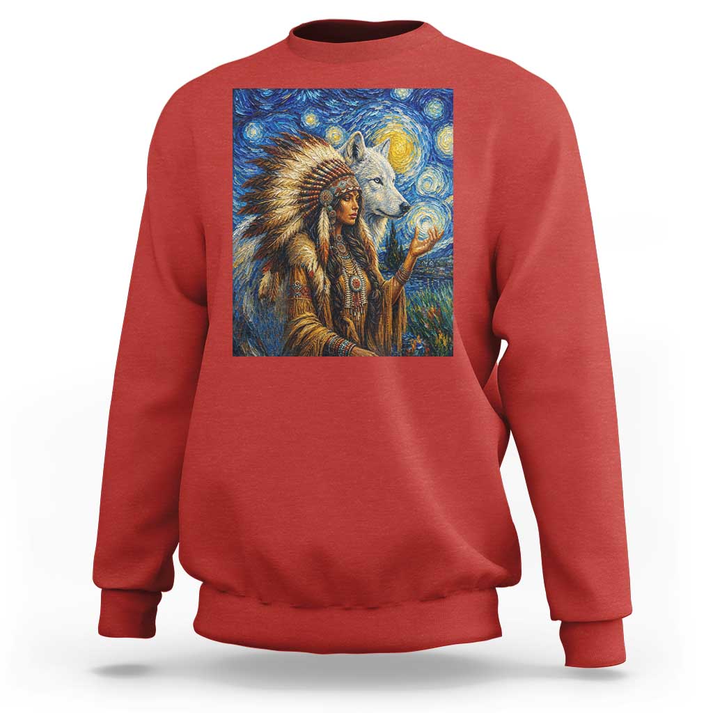 Native American Woman And White Wolf Sweatshirt Starry Night Inspired Art