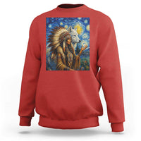 Native American Woman And White Wolf Sweatshirt Starry Night Inspired Art