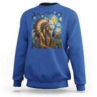 Native American Woman And White Wolf Sweatshirt Starry Night Inspired Art