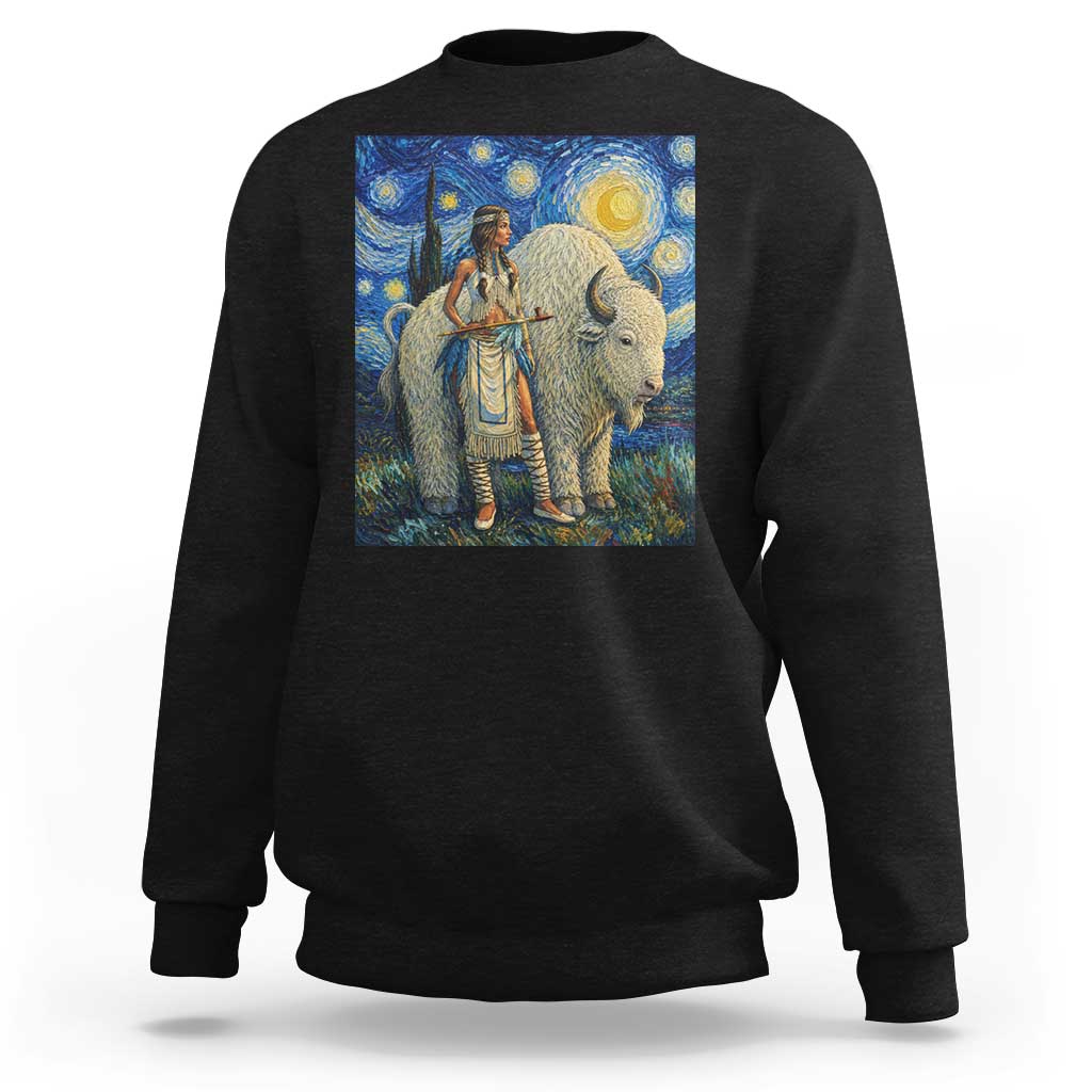 White Buffalo Woman Sweatshirt North American Native Legends Starry Night Inspired Art