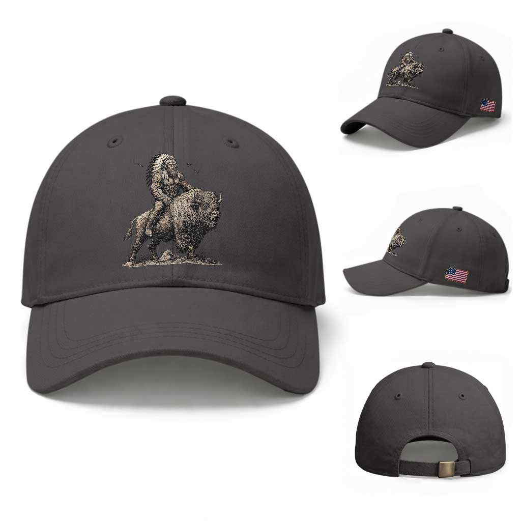 Funny Bigfoot Buffalo Rider Baseball Cap Native Inspired Heritage Graphic