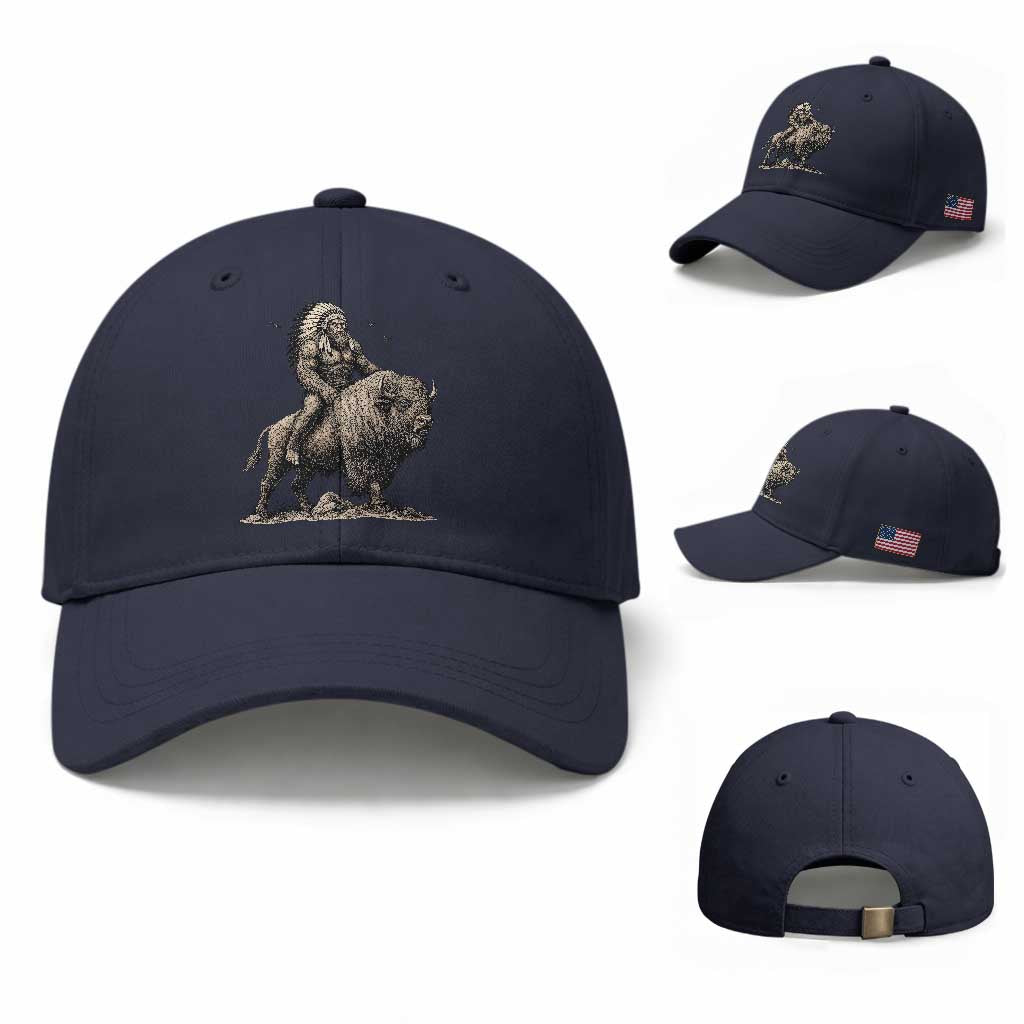 Funny Bigfoot Buffalo Rider Baseball Cap Native Inspired Heritage Graphic