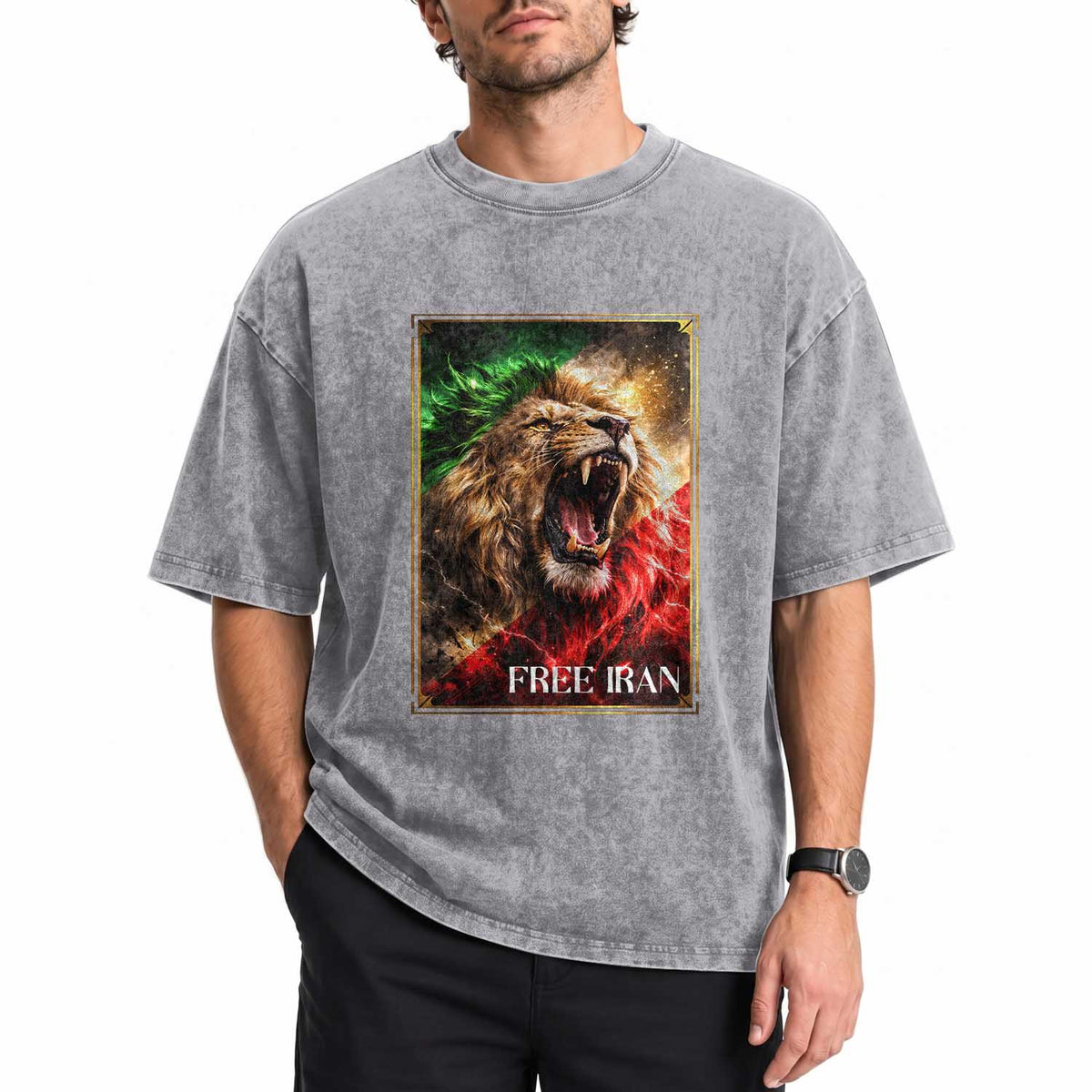 Free Iran Lion Washed Cotton T-Shirt Freedom Resistance Solidarity Movement Gift