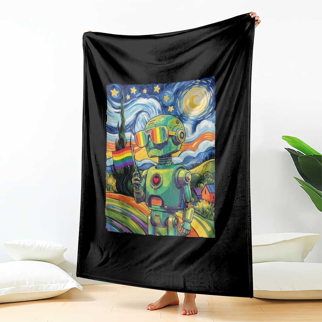 Funny Rainbow Starry Night Robot Pride Throw Blanket LGBTQ Geeky Gift