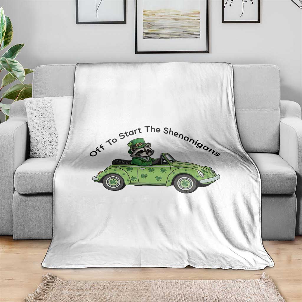 Off To Start The Shenanigans Throw Blanket Funny Irish Raccoon