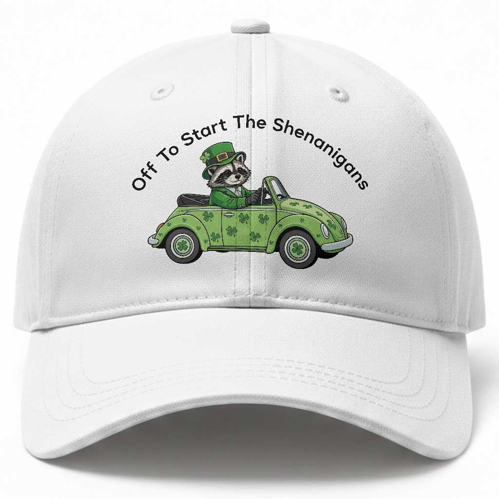 Off To Start The Shenanigans Baseball Cap Funny Irish Raccoon