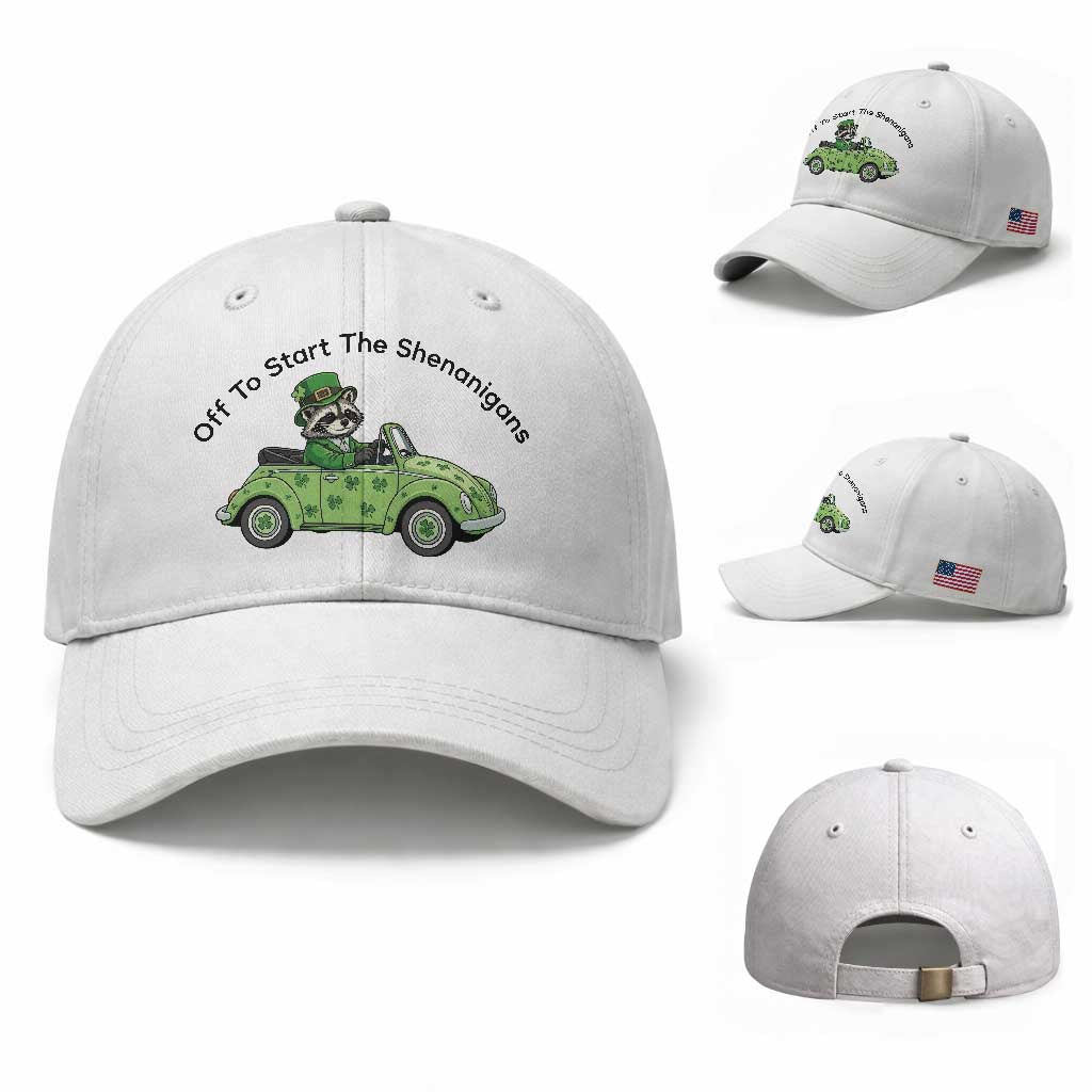 Off To Start The Shenanigans Baseball Cap Funny Irish Raccoon