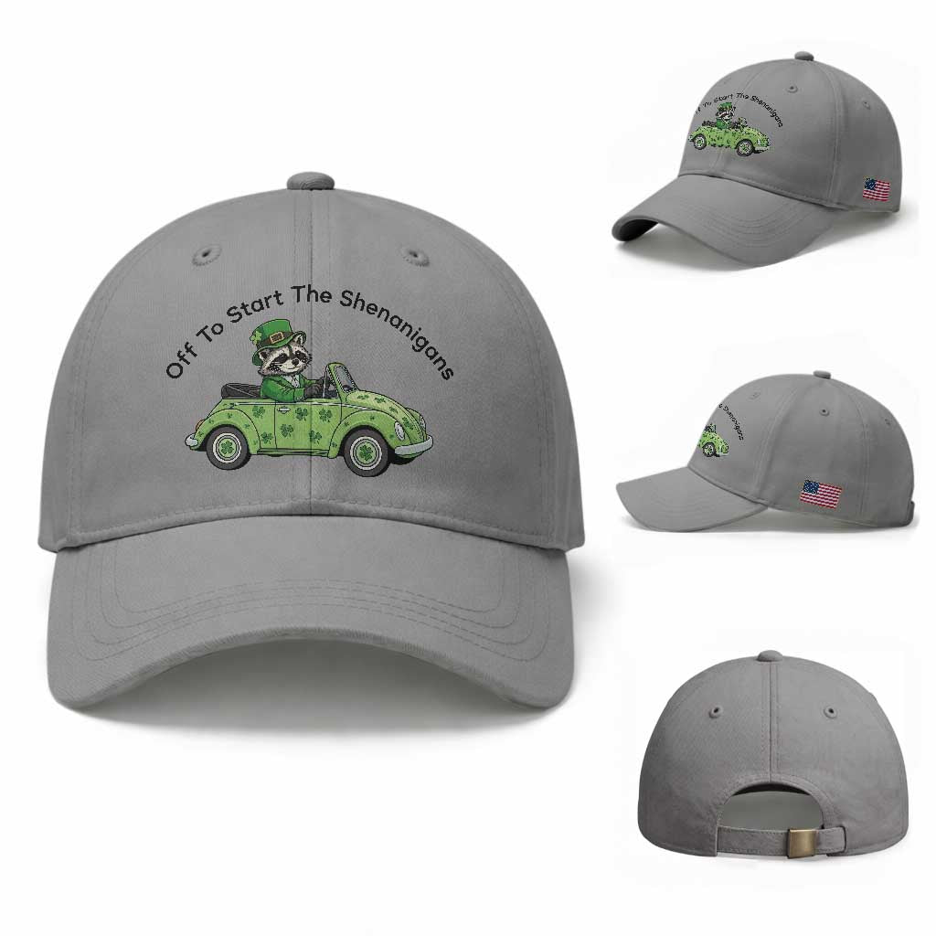Off To Start The Shenanigans Baseball Cap Funny Irish Raccoon