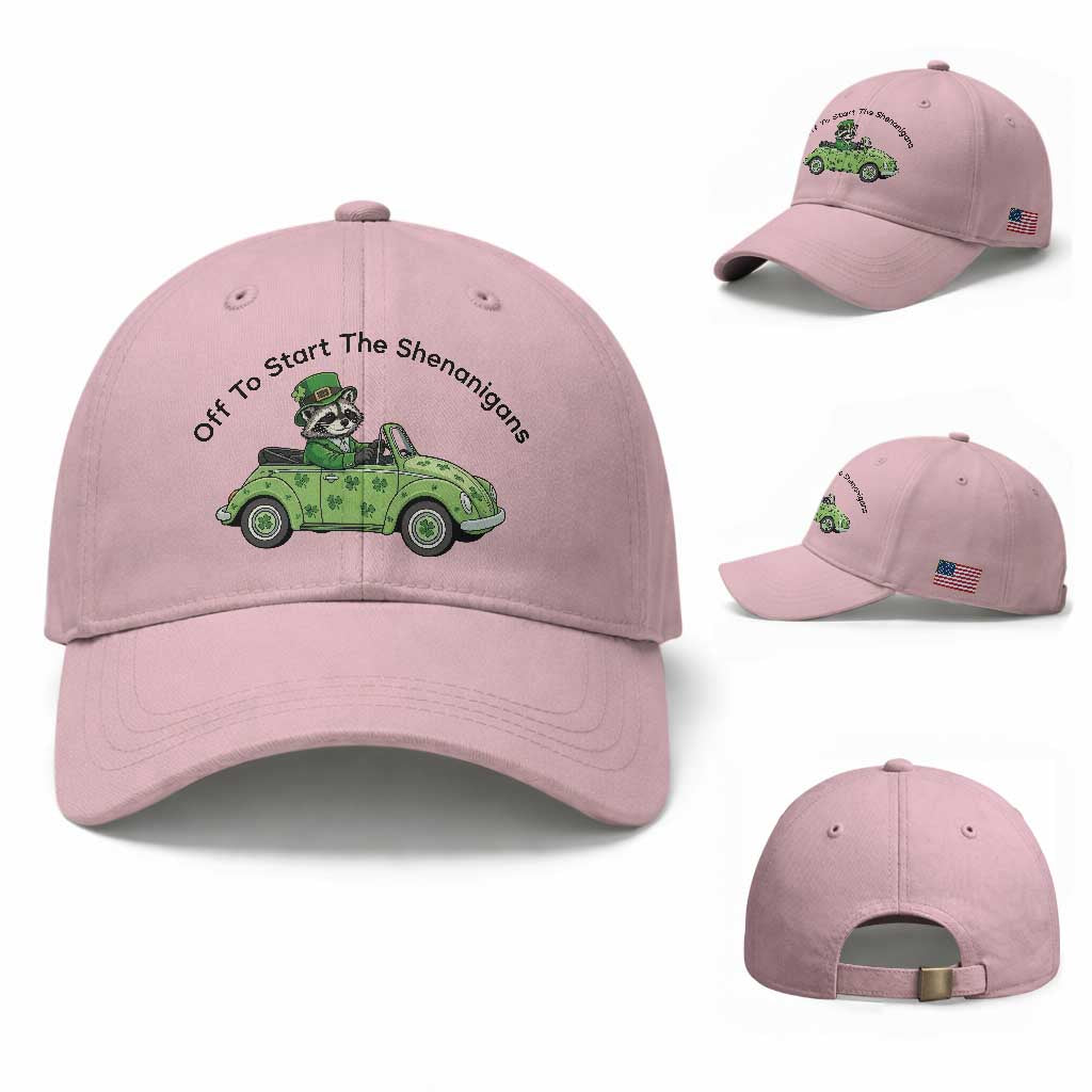 Off To Start The Shenanigans Baseball Cap Funny Irish Raccoon