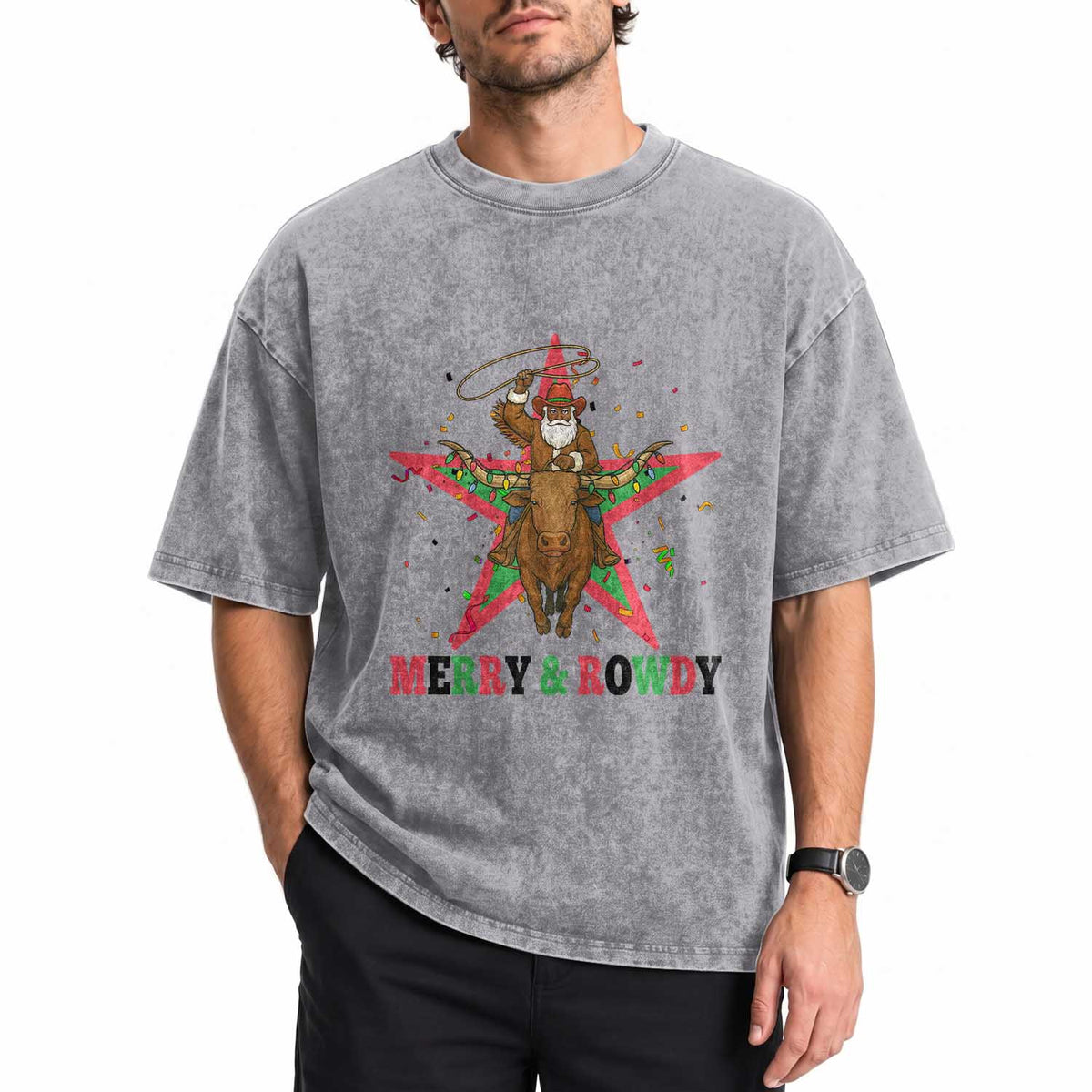 Merry And Rowdy Kwanzaa Santa Cowboy Christmas Gift Washed Cotton T-Shirt