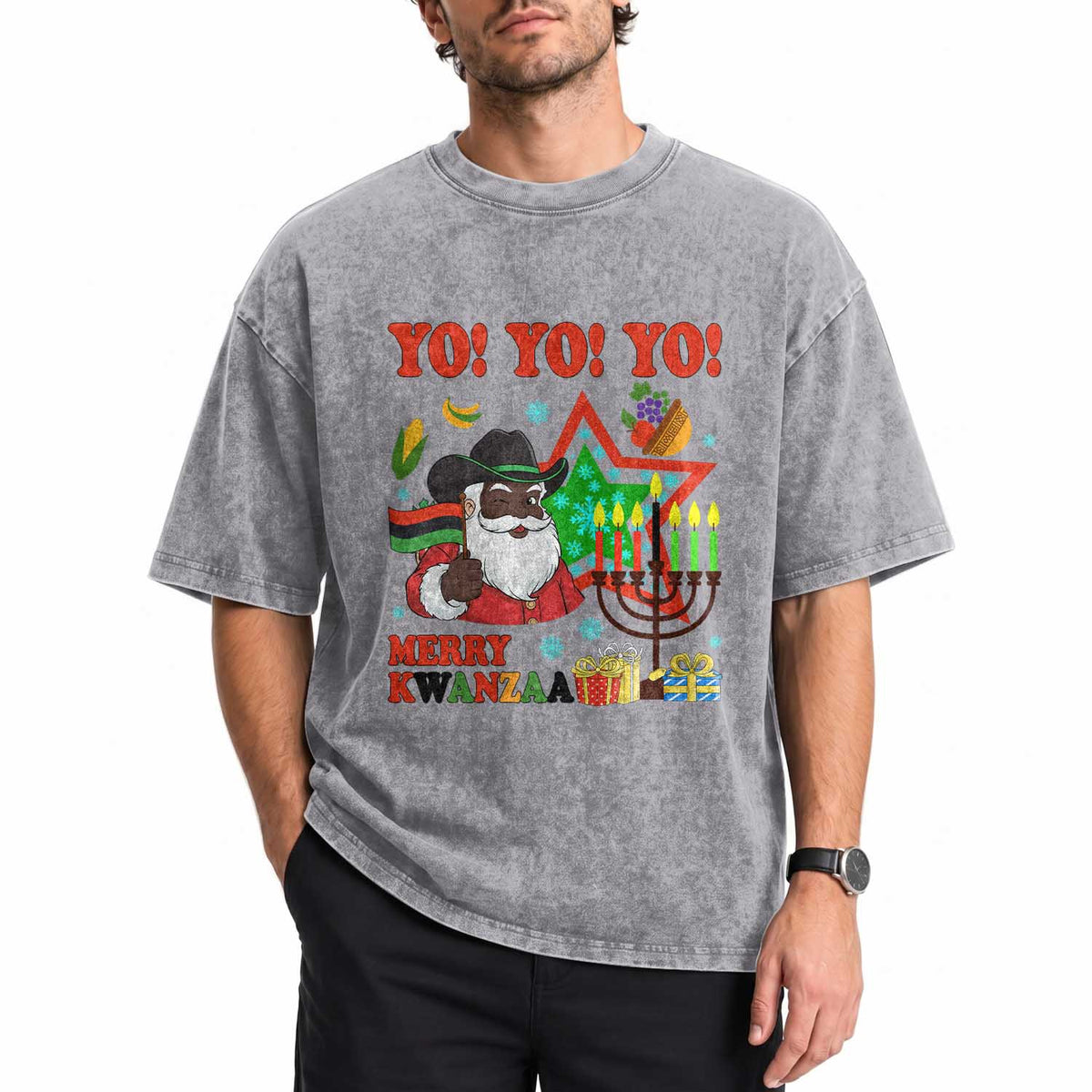 Merry Kwanzaa Black Santa Cowboy Washed Cotton T-Shirt African Heritage Celebration Gift