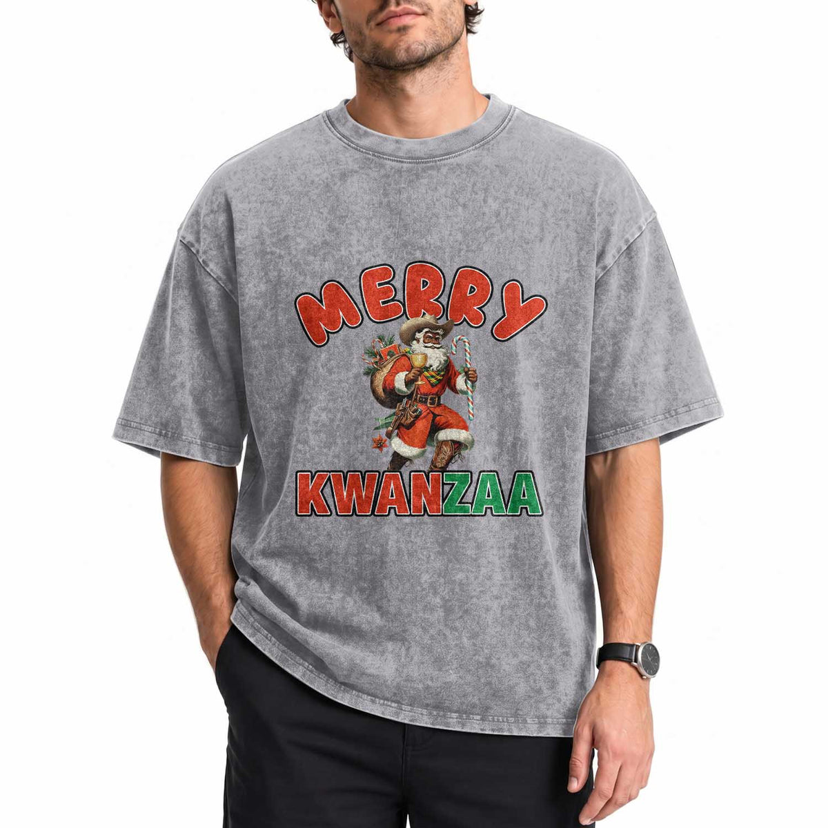 Merry Kwanzaa Cowboy Black Santa Washed Cotton T-Shirt African American Christmas Gift