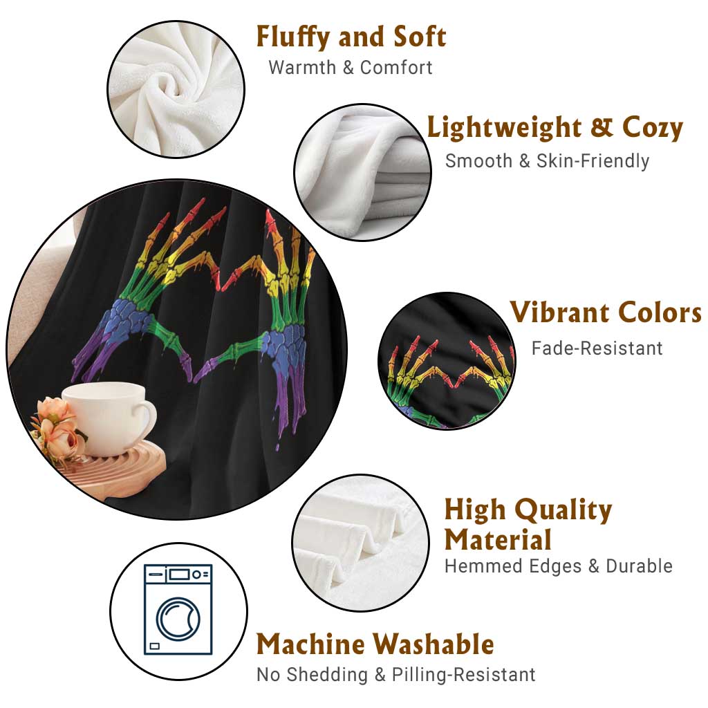 Rainbow Skeleton Heart Hands Throw Blanket LGBTQ Pride Support Graphic