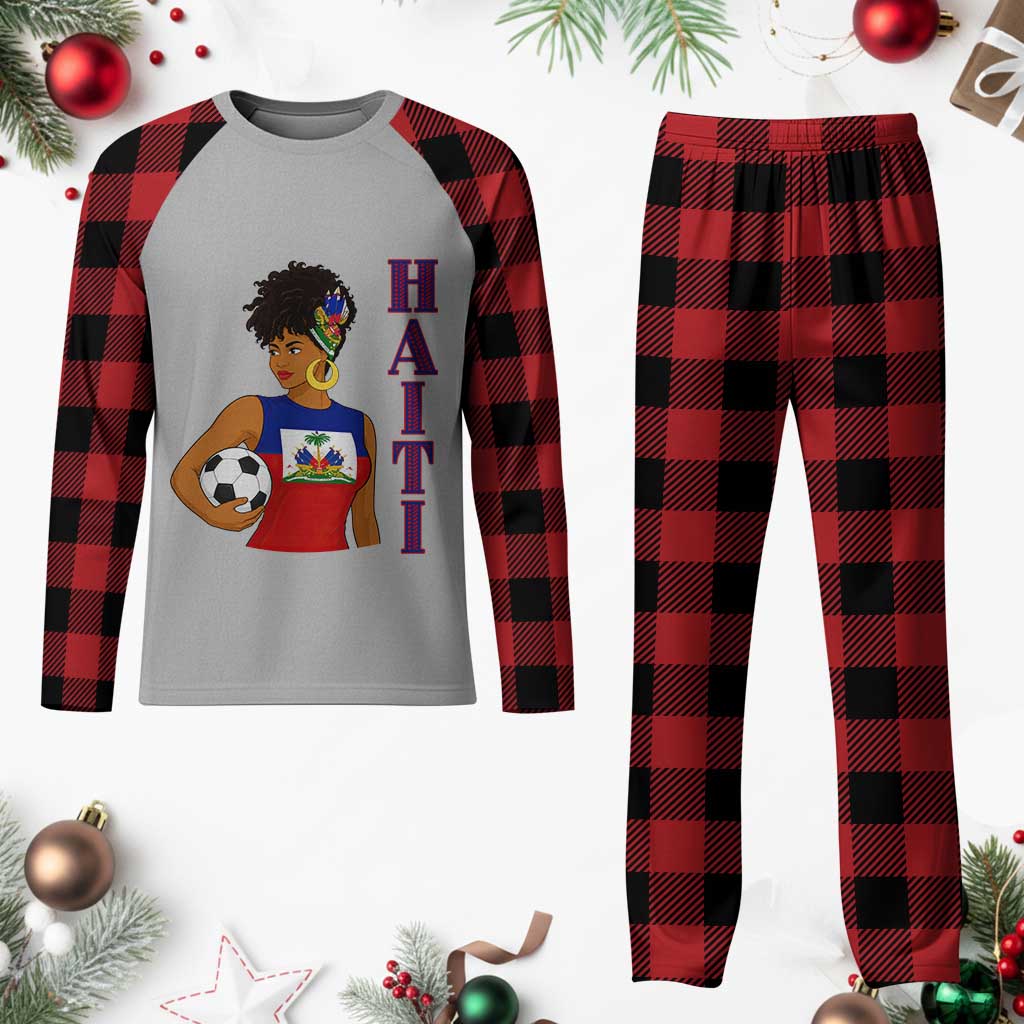 Haitian Soccer Fan Girl Plaid Pajama Set Ayiti Heritage Pride Football Lover