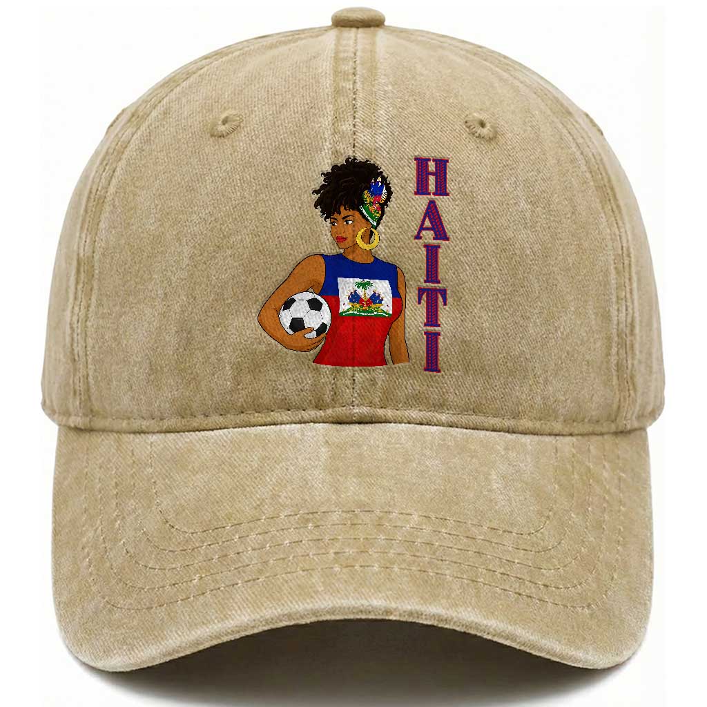Haitian Soccer Fan Girl Washed Cotton Baseball Cap Ayiti Heritage Pride Football Lover