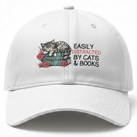 Easily Distracted By Cats And Books Baseball Cap Lazy Kitty Book Lover