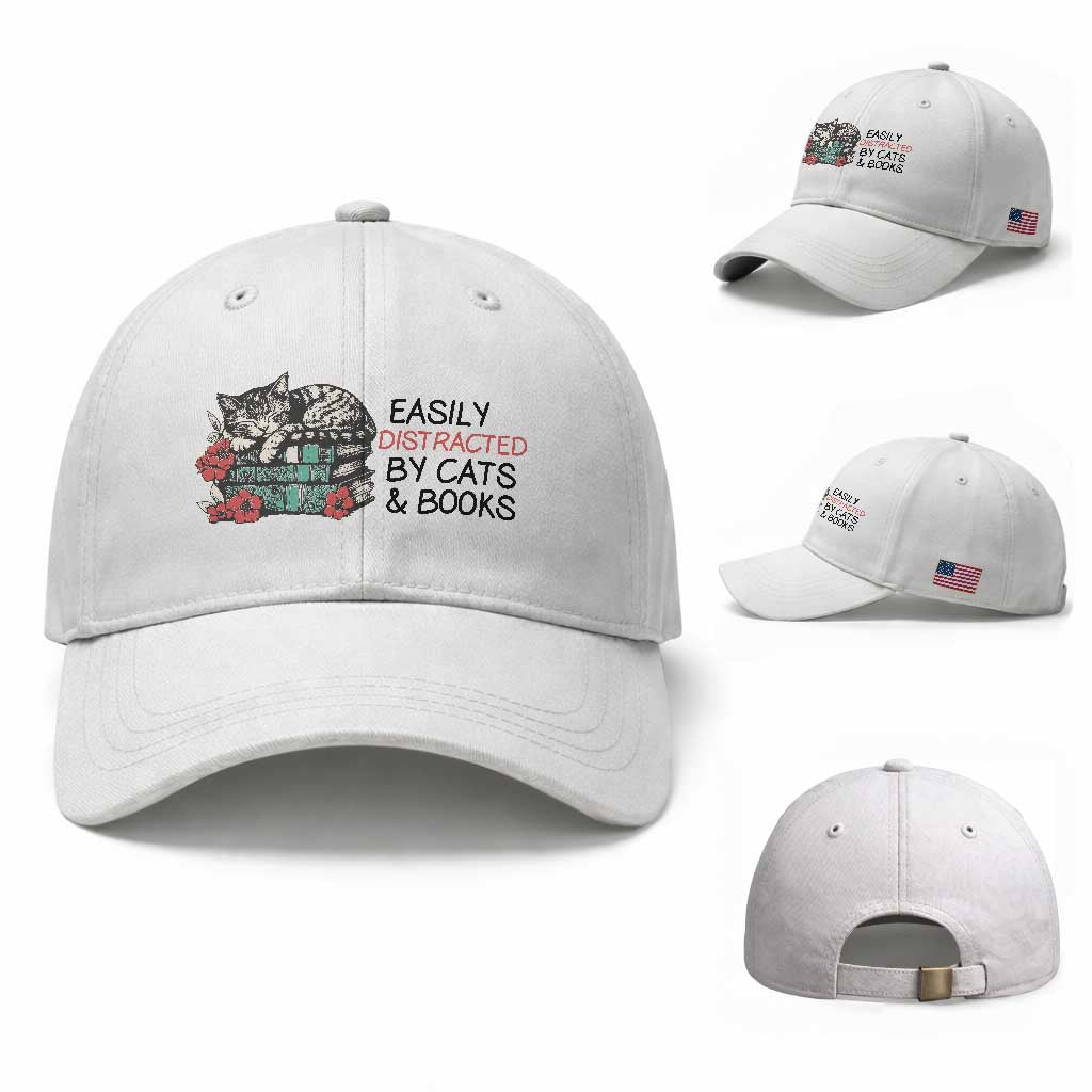 Easily Distracted By Cats And Books Baseball Cap Lazy Kitty Book Lover
