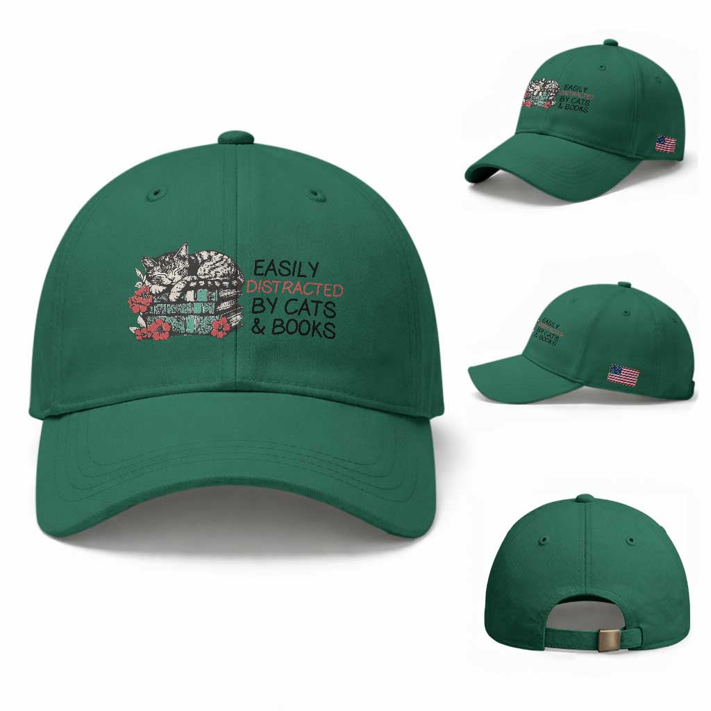 Easily Distracted By Cats And Books Baseball Cap Lazy Kitty Book Lover