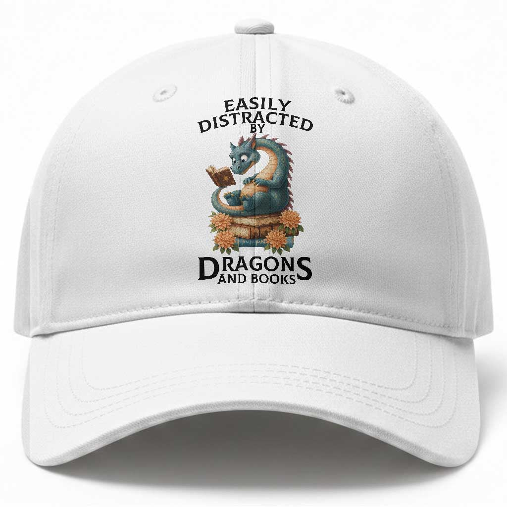 Easily Distracted By Dragon And Books Baseball Cap Cute Book Lover Gift