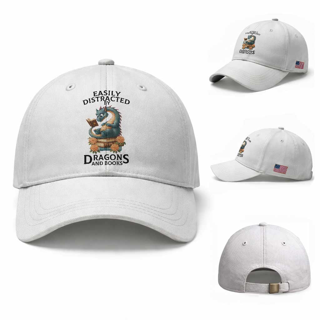 Easily Distracted By Dragon And Books Baseball Cap Cute Book Lover Gift