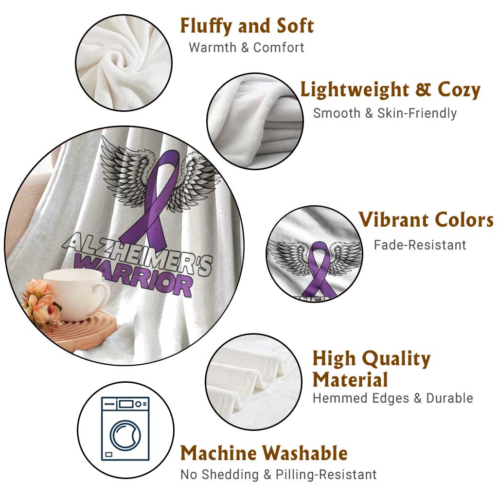 Alzheimers Warrior Throw Blanket Purple Ribbon Angel Wings Memory Support Gift
