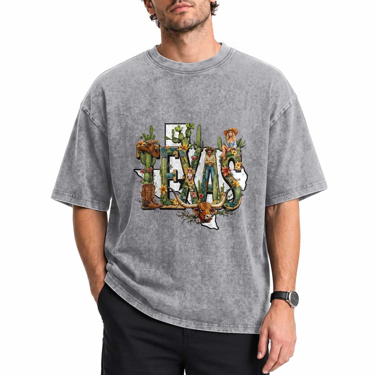 Texas Cowboy And Cowgirl Washed Cotton T-Shirt Vintage Cactus Gift Idea