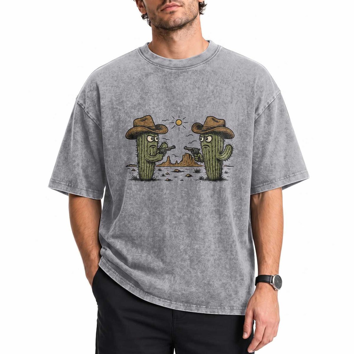 Funny Lone Star Cactus Cowboy Gunfight Gift Washed Cotton T-Shirt