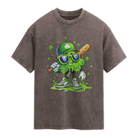 Funny St Patricks Day Clover Baseball Player Gift Washed Cotton T-Shirt