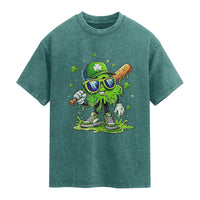 Funny St Patricks Day Clover Baseball Player Gift Washed Cotton T-Shirt