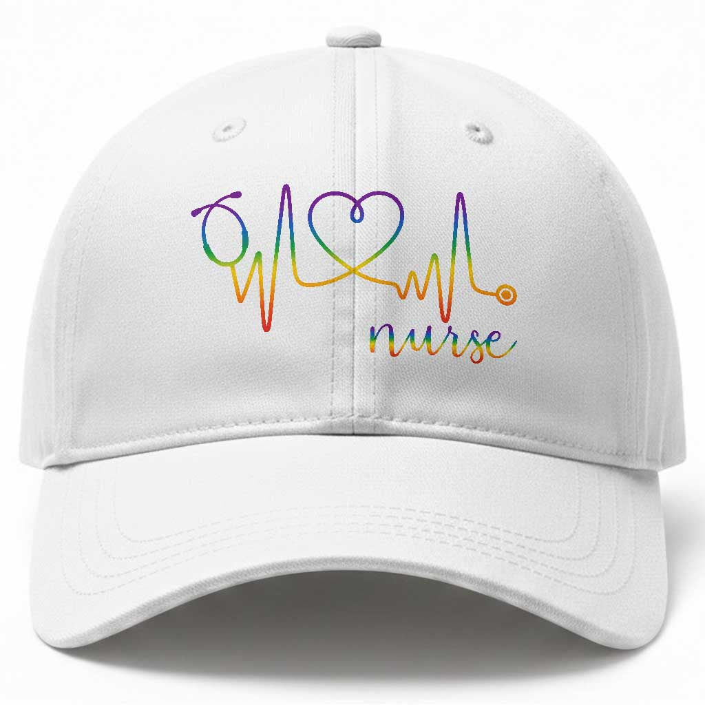 Nurse Heartbeat Rainbow Heart LGBTQ Pride Baseball Cap Medical Professional Support