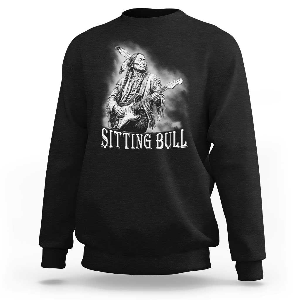 Vintage Sitting Bull Playing Guitar Sweatshirt Cool Native American Rocking Chief Gift