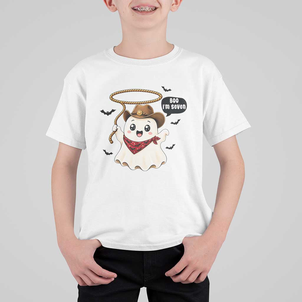 Halloween Spooky Cowboy Ghost 7th Birthday T Shirt For Kid Boo Im Seven Western Party Gift