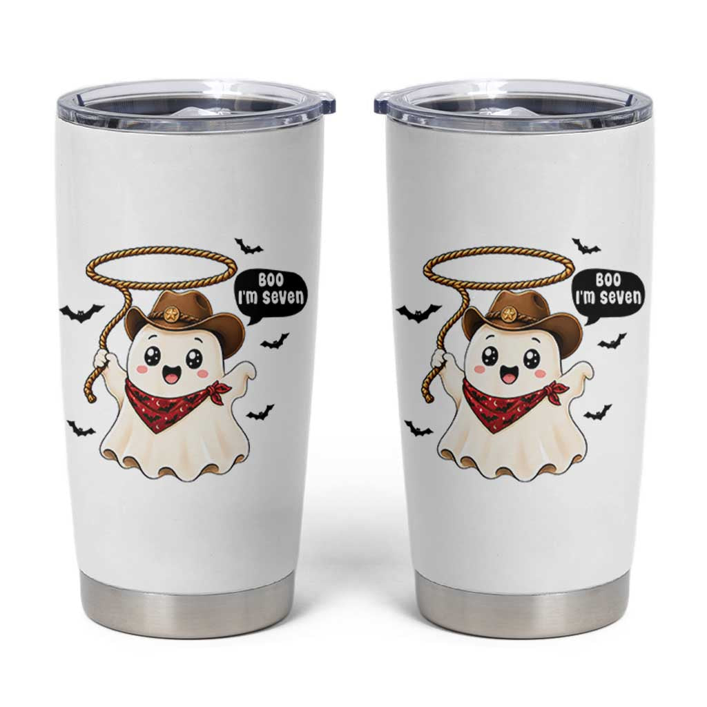 Halloween Spooky Cowboy Ghost 7th Birthday Tumbler Cup Boo Im Seven Western Party Gift