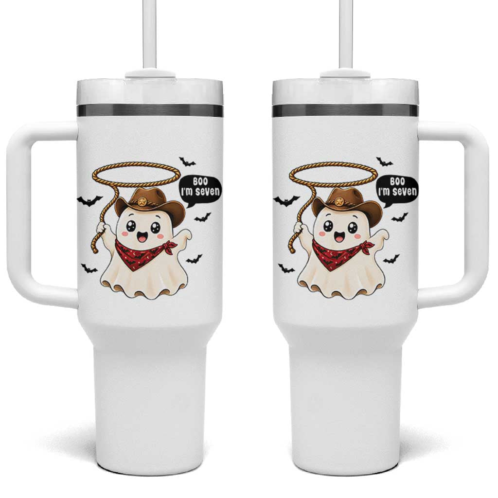 Halloween Spooky Cowboy Ghost 7th Birthday Tumbler With Handle Boo Im Seven Western Party Gift